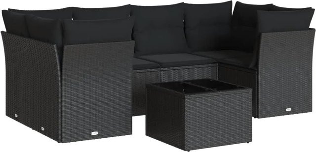 vidaXL 7-tlg Garten-Sofagarnitur in L-Form aus Polyrattan mit Kissen und Tisch in Schwarz - Bild 1