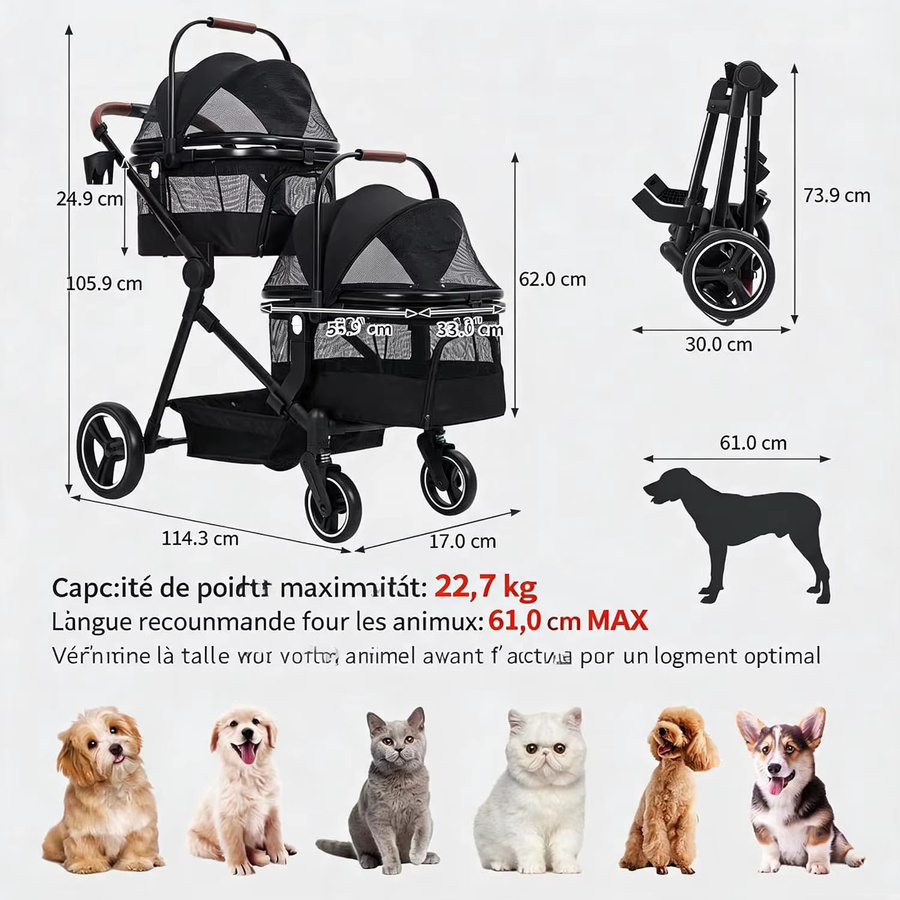 Garvee Doppeldecker-Haustierwagen aus Aluminiumlegierung in Schwarz, faltbarer Reisebuggy für zwei kleine Hunde oder Katzen mit abnehmbarem atmungsaktivem Netzträger - Bild 3