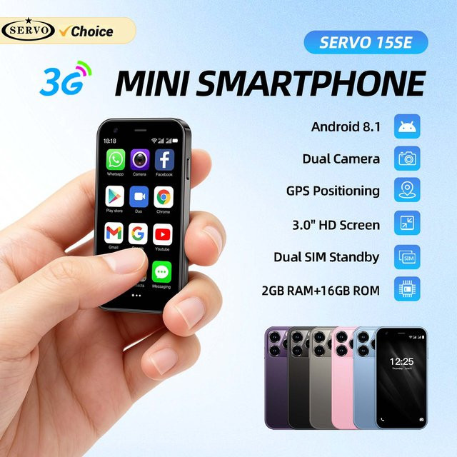 SERVO 15SE Ultra Mini Palm Smartphone, Android Dual SIM, 3,0 Zoll Display, 16GB ROM, Blau, 3G WCDMA, WLAN-Hotspot und GPS - Bild 1