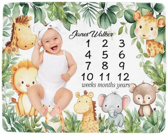 VIKAMA Baby-Meilenstein-Decke mit Dschungeltier-Motiv in Multicolour, Aquarell-Safari-Tierdruck als Fotodecke für Neugeborene, B/B/H: 100 x 75 x 75 cm - Bild 1