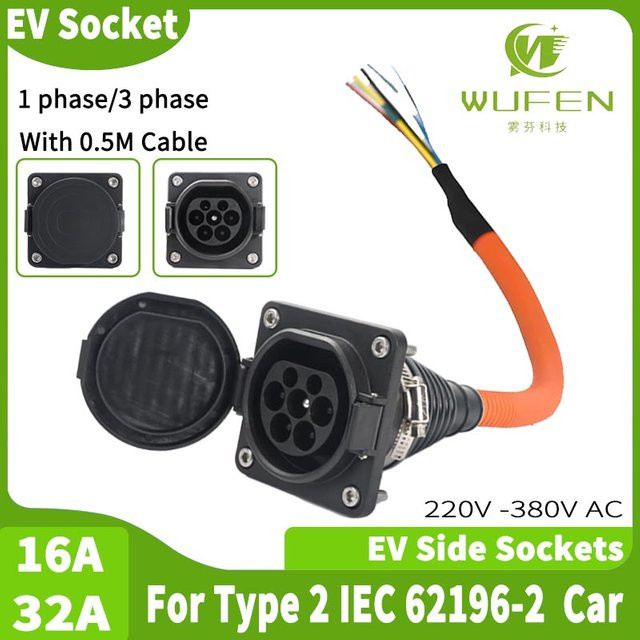 WUFEN EV EVSE Ladebuchse Typ 2 Stecker 63A 3-Phasen 40KW mit 0,5m Kabel in Schwarz für IEC 62196-2 Elektrofahrzeug-Seitensteckdose - Bild 1