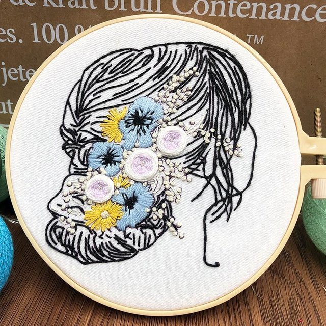 ZBBB DIY Bastelset mit Damen- und Blumenmuster Stickerei aus Baumwolle und Leinen, Schwarz, Breite: 15 cm - Bild 1
