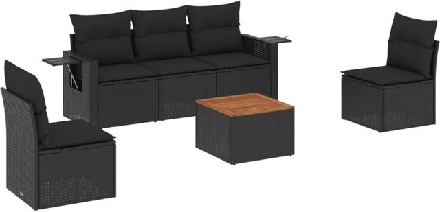 vidaXL 6-teilige Garten-Sofagarnitur aus Polyrattan in Schwarz mit Kissen und Tisch - Bild 1
