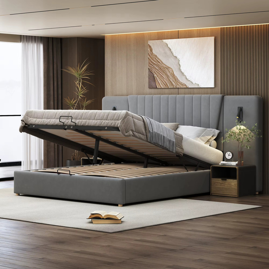 KOMHTOM Doppelbett aus Samtstoff mit integrierter Leselampe, USB-Ladeanschluss und hydraulischem Stauraum, B/T: 180 x 200 cm - Bild 3