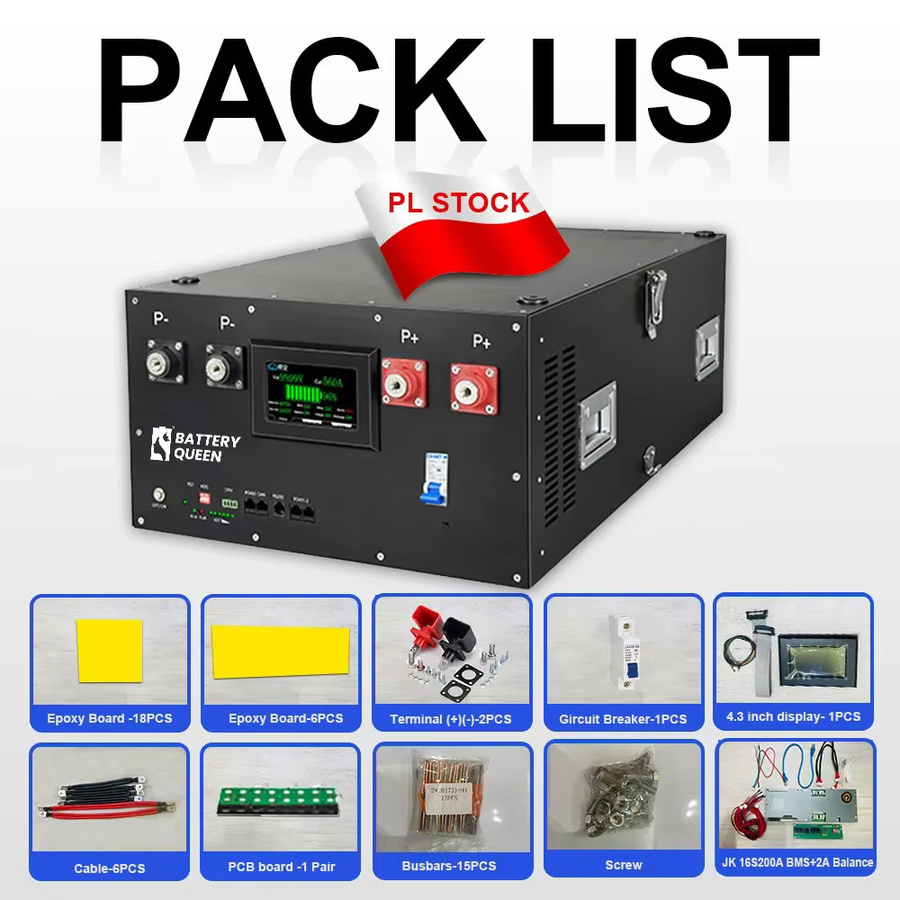 BATTERY QUEEN DIY 48V LiFePO4 Batteriegehäuse-Kit mit JK 16S 200A Smart BMS 51,2V Bluetooth, 280Ah BT LCD und 2A Active Balancer in Schwarz für Solar-Anwendungen - Bild 3