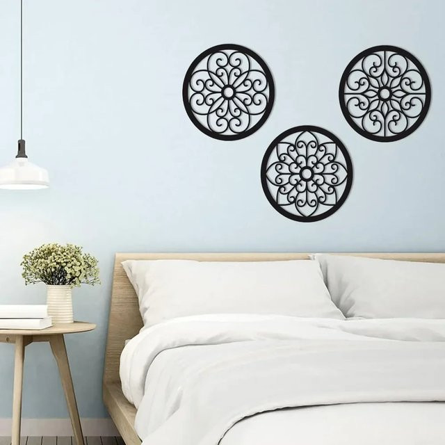 CIFBUY 3er-Set Wanddekoration aus Metall in Schwarz, runde Mandala- und Floral-Designs im rustikalen Bauernhausstil, Durchmesser: 25,4 cm - Bild 1