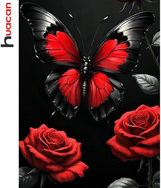 Huacan Diamant-Gemälde Schmetterling mit roten Rosen als runde Wanddekoration in Rot und Schwarz - Bild 1