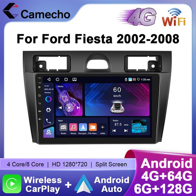 Camecho Wireless CarPlay und Android Auto Autoradio für Ford Fiesta 2002-2008 mit GPS, 4G, WIFI und 128G Speicher in Schwarz - Bild 1