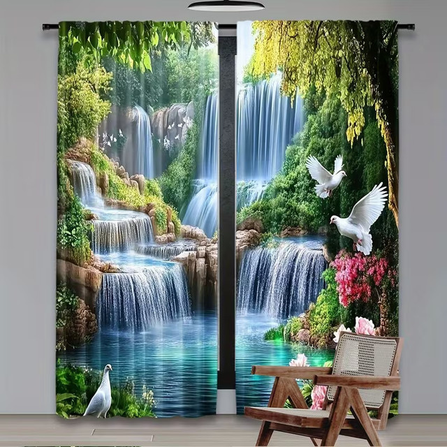 VIKamas 2D-Flach-Großvorhang-Set mit tropischem Wasserfall-Design, Mehrfarbig, Breite: 116 cm, Höhe: 116 cm - Bild 1