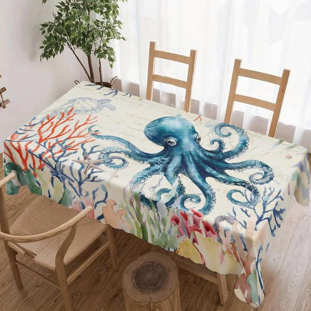 Wasserdichte Tischdecke JINGYUE Pet mit Ozean Oktopus Korallen Motiv, quadratisch, Mehrfarbig, B/T: 140 x 140 cm - Bild 1