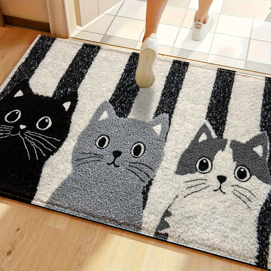 VIKAMA Gestreifter Cartoon-Katzen-Teppich in Multicolour, weiche und wasserdichte Fußmatte für Wohnzimmer und Schlafzimmer - Bild 4