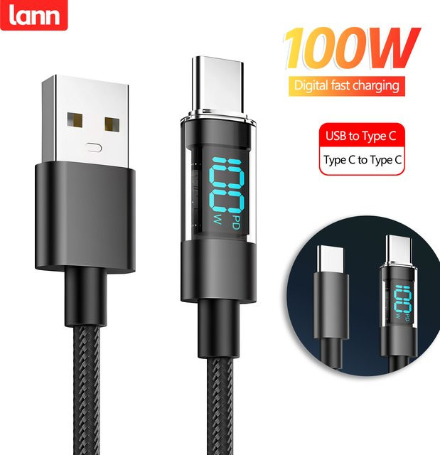 Lann USB-C auf USB-C Schnellladekabel mit Digital-Display und 100W Leistung, Nylon-Geflecht, Schwarz - Bild 1