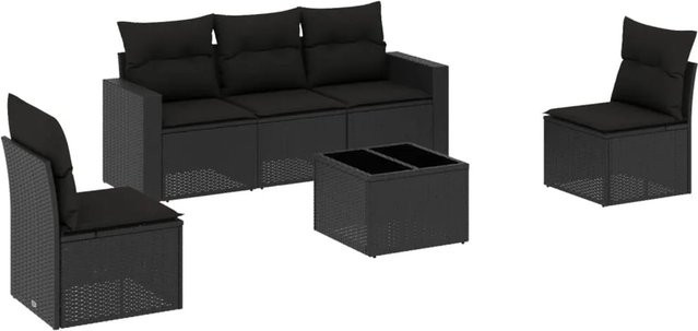 vidaXL 6-tlg Garten-Sofagarnitur aus Poly Rattan mit Kissen in Schwarz, Modell 75 - Bild 1
