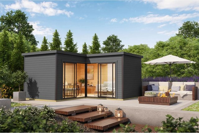 Lasita Holz-Gartenhaus Domeo 6 mit Flachdach in Carbongrau lasiert in Blockbohlenbauweise mit modernem Design B/T: 500 x 500 cm - Bild 1