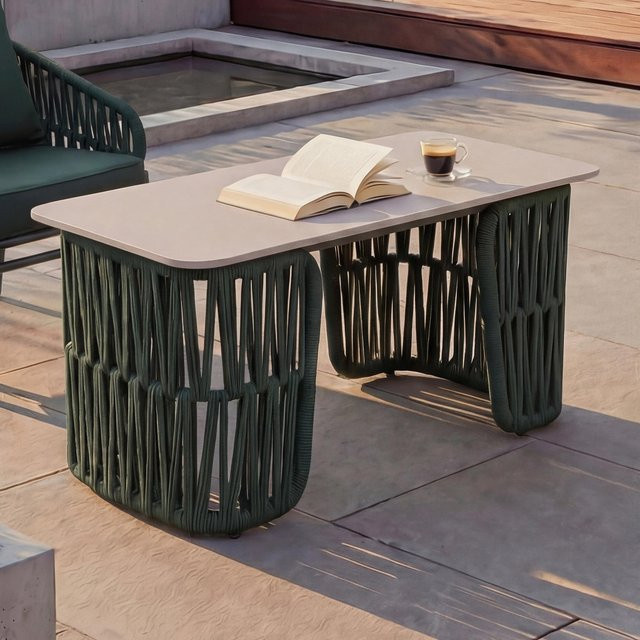 MCW Loungetisch P90 Outdoor mit Seilgeflecht und Sinterstein Platte in Grün und Creme, B/T/H: 90 x 43 x 45 cm - Bild 1