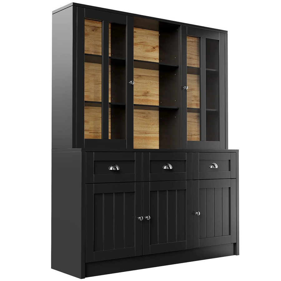 okwish Vitrinenschrank mit Schubladen und Glastüren in Schwarz, minimalistisches Design für Wohnzimmer und Küche, B/T/H: 140 x 38,5 x 175 cm - Bild 2