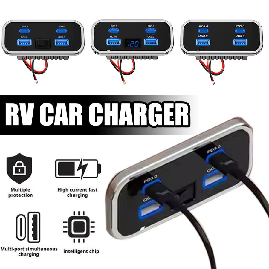 12 V USB-Steckdose mit 4 Ports für Marine, Bus und Wohnmobil, Dual PD3.0 Typ C Schnellladung & QC3.0, 76 W, Schwarz - Bild 2