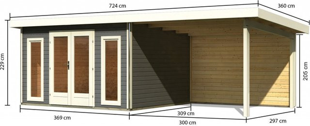 Gartenhaus aus Holz RADEBURG 2 in Terragrau mit Anbaudach und Rückwand, B/T/H: 369 x 309 cm - Bild 1
