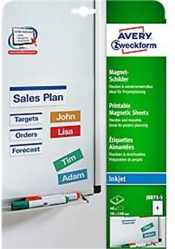Avery Magnetische Etiketten J8875-5, weiß, Metall, für Inkjet, 40 Stück, B: 50 mm, H: 140 mm - Bild 2