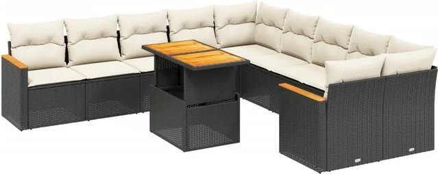 vidaXL 11-teilige Garten-Sofagarnitur in L-Form aus Polyrattan und Akazienholz mit Kissen in Schwarz - Bild 1