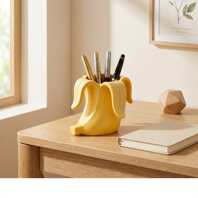 Bananenförmiger Stifthalter in Gelb, 3D-gedruckter Schreibtisch-Organizer für Stifte und Make-up-Pinsel, B/T/H: 9 x 9 x 7 cm - Bild 1