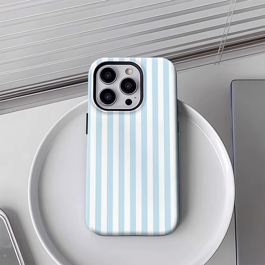Handyhülle mit hellblauen und weißen vertikalen Streifen für Apple iPhone 17 16 15 14 13 Pro Max Plus mit doppelschichtiger Rückseite - Bild 2