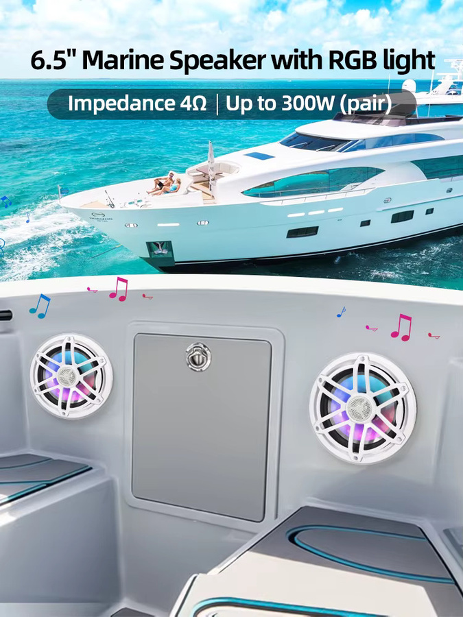Grandnavi 2er Set Marine-Lautsprecher mit RGB-Beleuchtung, 6,5 Zoll, 300W, wasserdicht IPX67, Schwarz/Multicolor - Bild 6