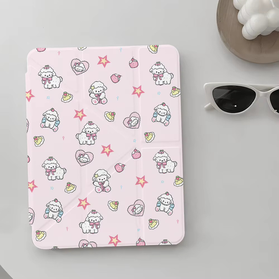 Stoßfeste Apple iPad Schutzhülle mit niedlichem Lamm-Cartoon Design in Pink für iPad Pro, Air und iPad 7./8./9. Generation - Bild 1