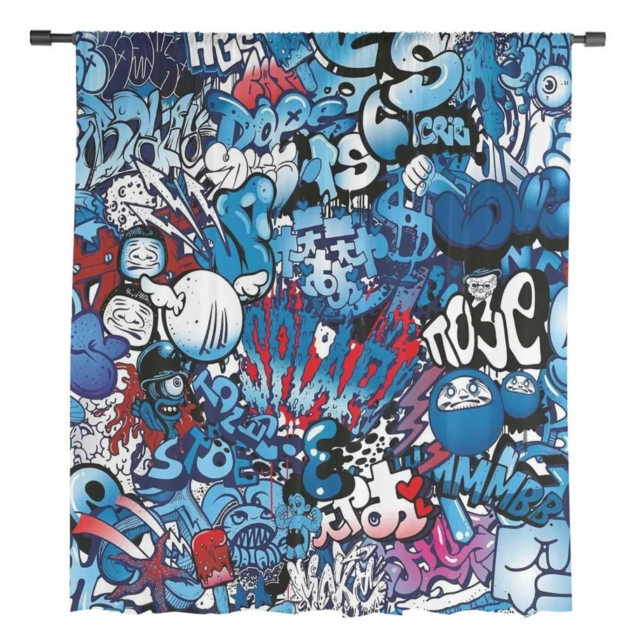 Yiran Furniture Transparente Punk Graffiti Vorhänge aus Tüll und Organza in Blau, Breite: 135 cm, Höhe: 115 cm - Bild 1