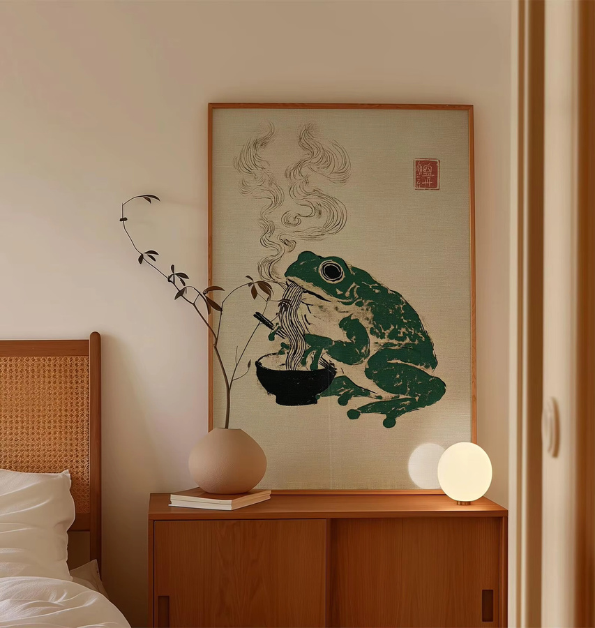 Japanische Wandillustration Frosch isst Ramen im Holzblock-Stil auf Leinwand, mehrfarbig, rechteckig - Bild 2
