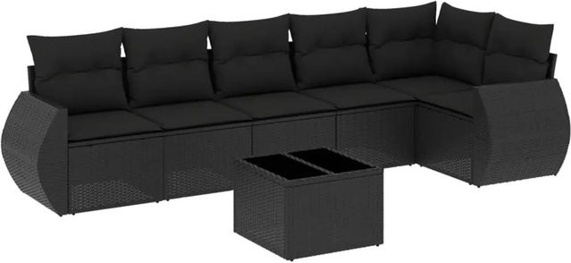 vidaXL 7-teilige Garten-Sofagarnitur in L-Form aus schwarzem Poly-Rattan mit Kissen und pulverbeschichtetem Stahlgestell - Bild 1