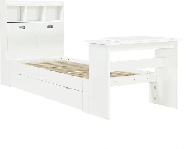 Merax Jugendbett mit Klapptisch und Stauraum Regal in Weiß, B/T/H: 90 x 200 x 83 cm - Bild 1