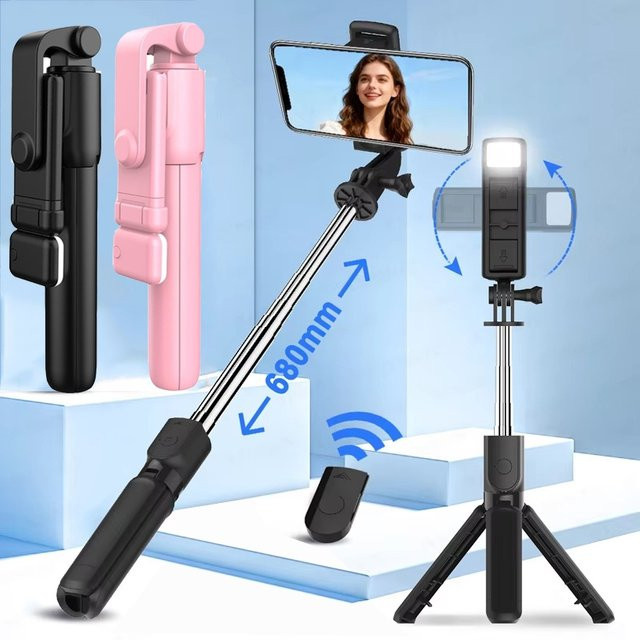 Mrgabwte Kabelloser Selfie-Stick mit Bluetooth-Fernbedienung und Gimbal sowie LED-Licht für Live-Streaming, faltbarer Stativständer für Mobiltelefone in Schwarz oder Weiß - Bild 1