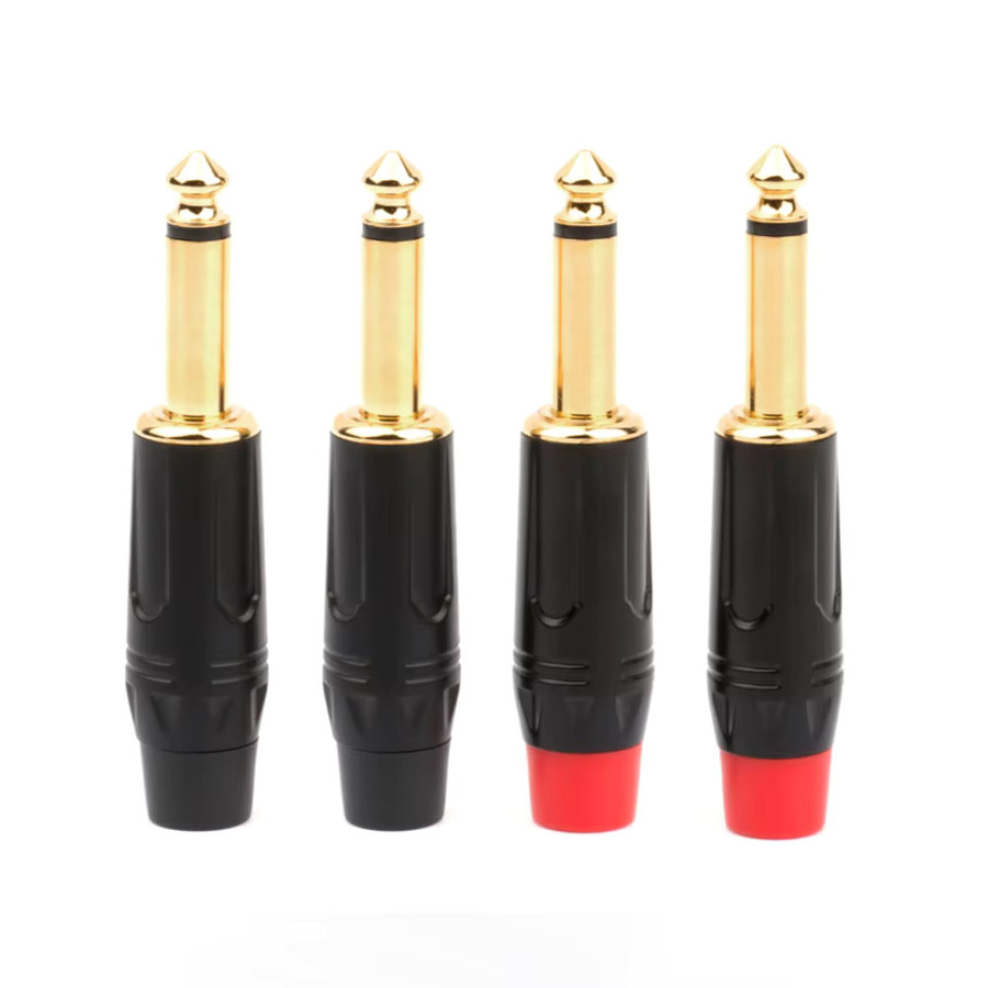 FRHY 4 Stück 6,35mm TRS 1/4 Zoll Mono Lötanschluss Vergoldete Kupferstecker in Gold, Rot und Schwarz für Gitarre, Lautsprecher und Mischpult - Bild 2