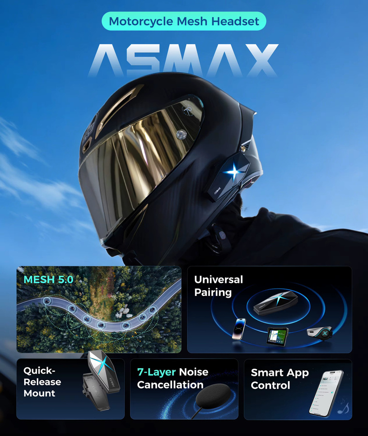 ASMAX F1S Motorrad-Bluetooth-Intercom für 10 Fahrer mit Sprachsteuerung, BT 5.3 Helm-Kommunikation und Hi-Fi-Sound in Schwarz - Bild 2