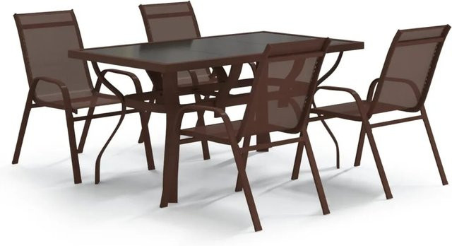 vidaXL 5-teilige Garten-Essgruppe aus pulverbeschichtetem Stahl, gehärtetem Glas und Textilene in Braun und Schwarz - Bild 1