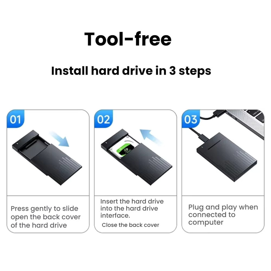 TISHRIC Externes Festplattengehäuse für 2,5 Zoll SATA SSD und HDD, USB-C zu USB 3.0, Schwarz - Bild 6