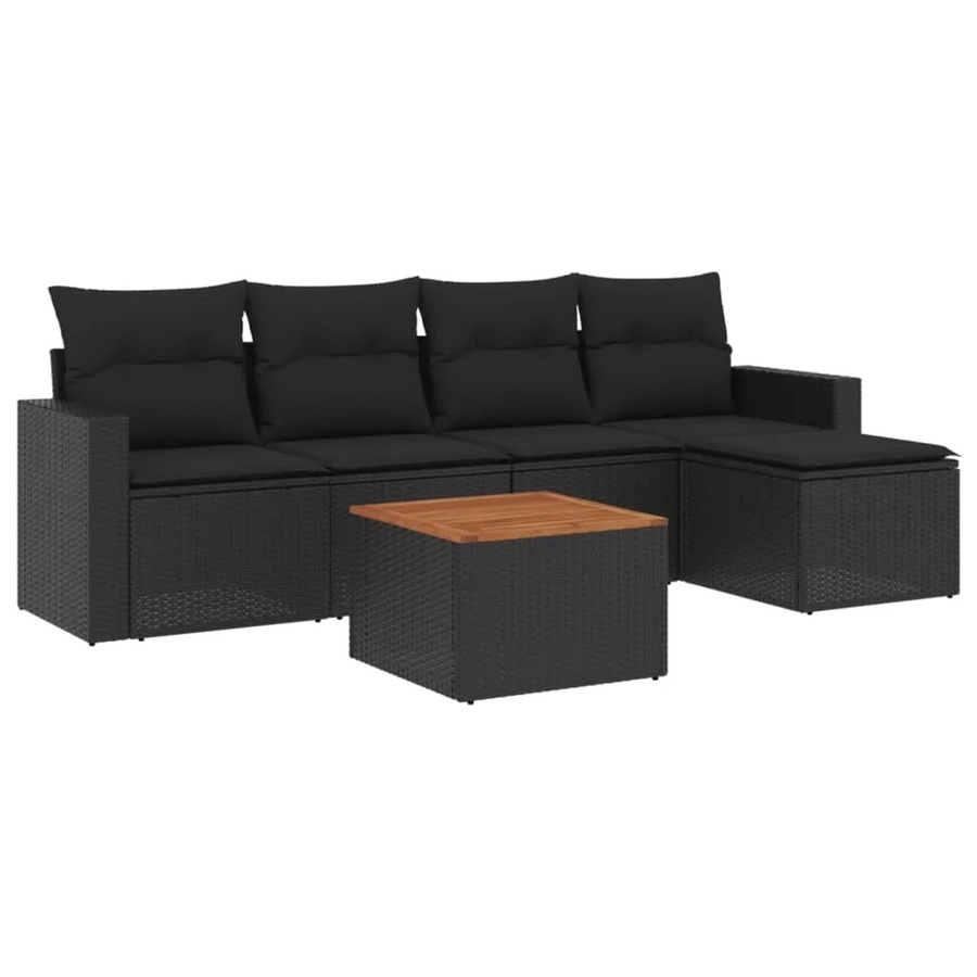vidaXL 6-teilige Garten-Sofagarnitur aus Poly-Rattan und Akazienholz in Schwarz mit Kissen - Bild 2