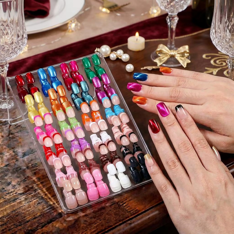 MAFANAILS Press-On-Nägel, 288 Stück, Glänzend, Katzenaugen- & French-Tip-Design, Kurz, Rund - Bild 3
