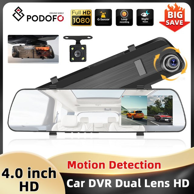 Podofo Dual-Lens Auto-Rückspiegelrekorder mit 4,0 Zoll LCD-Bildschirm, 1080P Full HD, Bewegungserkennung und Rückfahrkamera in Schwarz - Bild 1
