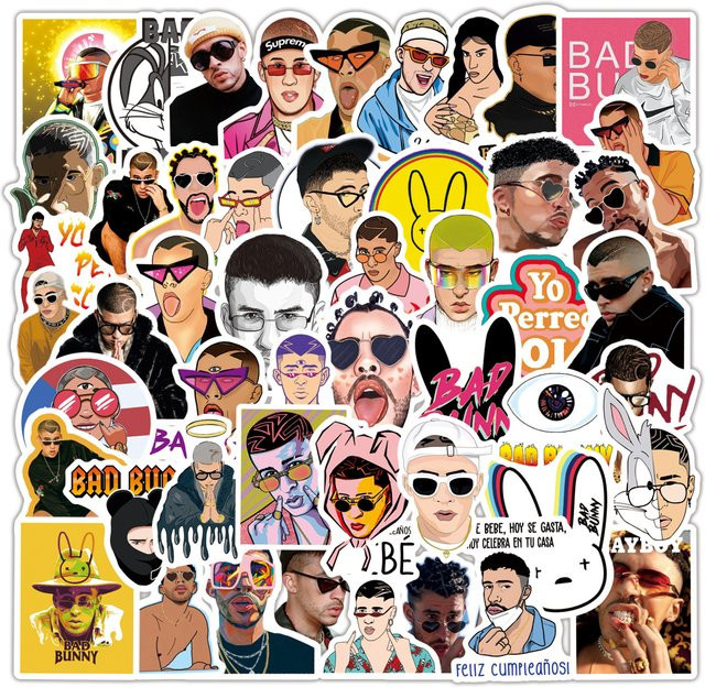50 Stück Bad Bunny Sticker Set, Wasserdichte Rapper Aufkleber in Multicolor für Laptop, Handy und Reisegepäck - Bild 1
