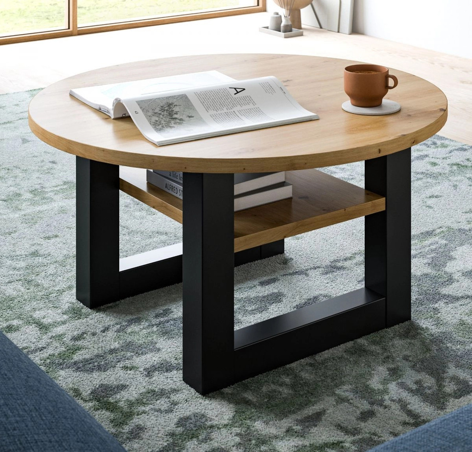 Couchtisch Eldon rund in Eiche und Grau mit vier Beinen, Durchmesser: 75 cm, Höhe: 30 cm - Bild 1