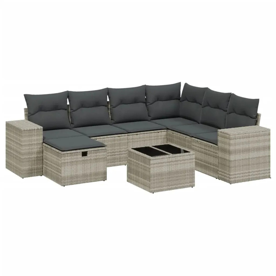 vidaXL 8-teilige Garten-Sofagarnitur in L-Form mit Polsterkissen und Couchtisch, Hellgrau, Poly Rattan und Metallrahmen - Bild 2
