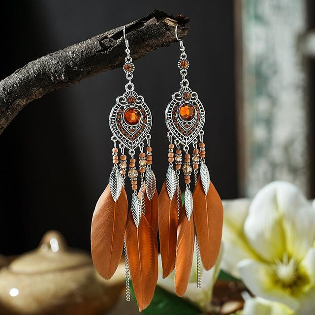 Hängeohrringe Boho Feder Blatt Quaste, Strass, Kristall, Perlen, Damen, grau - Bild 1