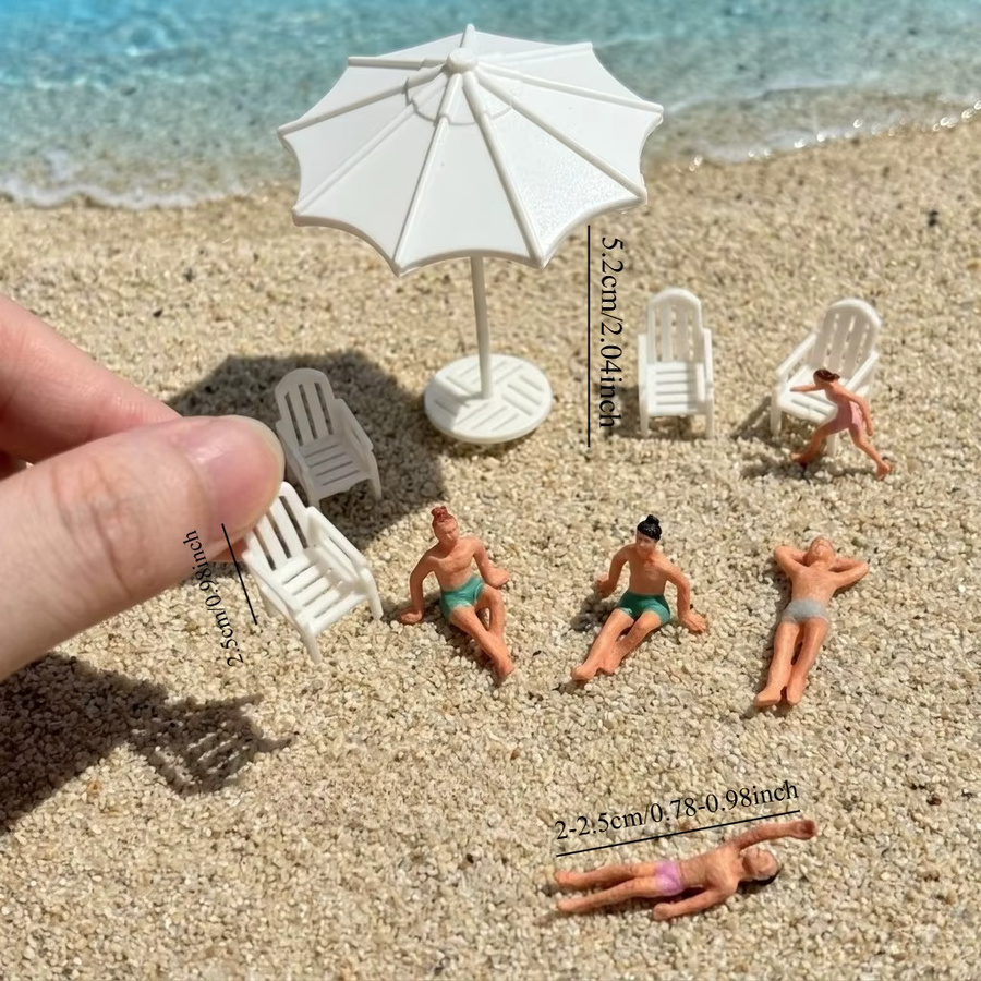 Miniatur-Strand-Diorama-Set Zubehör, Modellbausatz, mit Sonnenschirm, 4 Strandliegen, 5 Schwimmer-Figuren - Bild 2