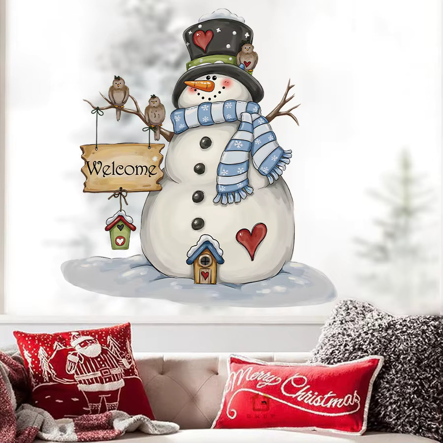 BRUP Schneemann-Wandaufkleber mit Schal und Vogelhaus, weihnachtlicher Wandsticker in Mehrfarbig, einfach zu klebender Weihnachtsdekor für Wohnzimmer und Eingangsbereich - Bild 2