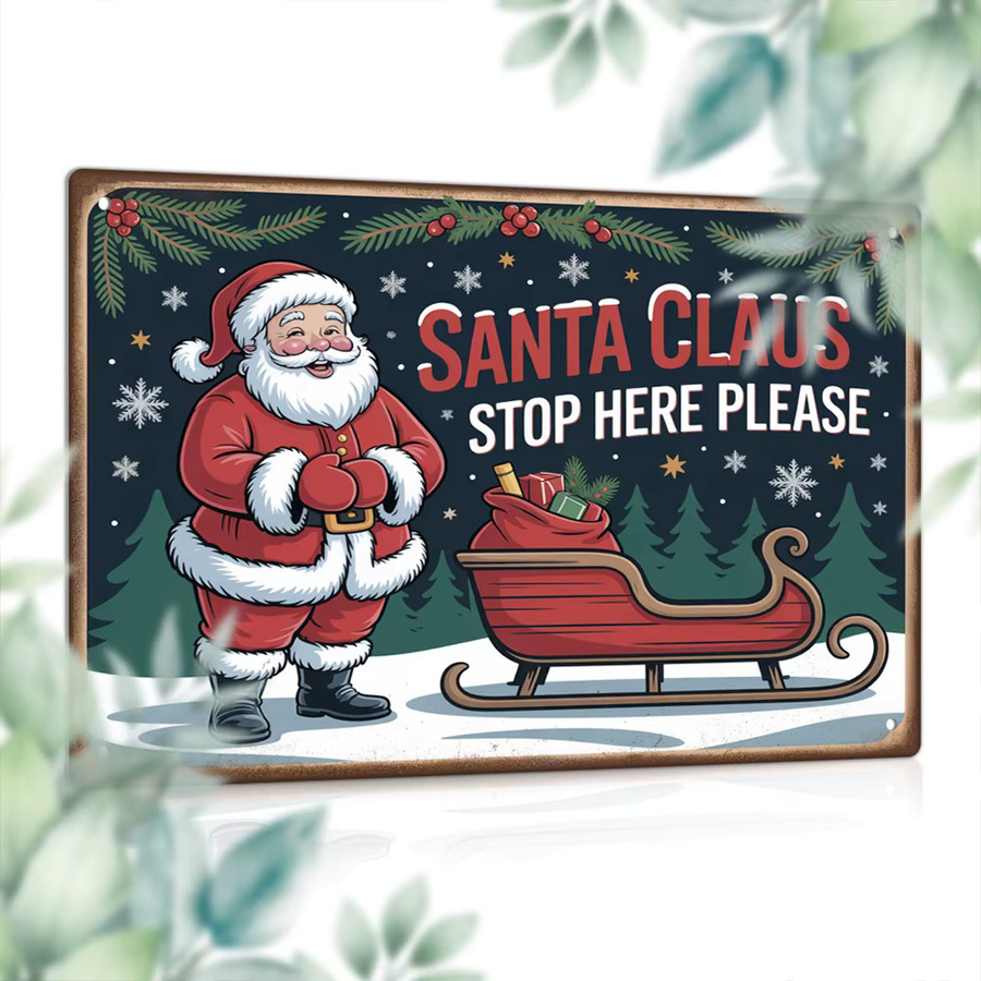 Putuo Decor Vintage Metallblechschild SANTA CLAUS STOP HERE Wandkunstdekoration für Weihnachten Multicolor B: 30,0 cm, H: 20,0 cm - Bild 2