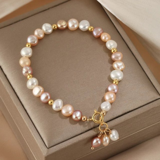 Minar Armband, barocke Süßwasserperlen, Weiß, Rosa, Lila, Damen - Bild 1
