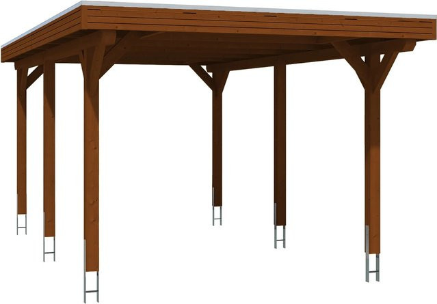 Skan Holz Carport Spessart aus Leimholz in Nussbaum Braun mit Aluminium-Dachplatten, B/T: 355 x 604 cm, Höhe: 243 cm - Bild 1