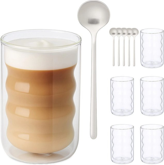 Relaxdays Latte Macchiato Gläser 6er Pack aus Borosilikatglas, transparent, doppelwandig mit silbernen Löffeln, 350 ml pro Glas - Bild 1